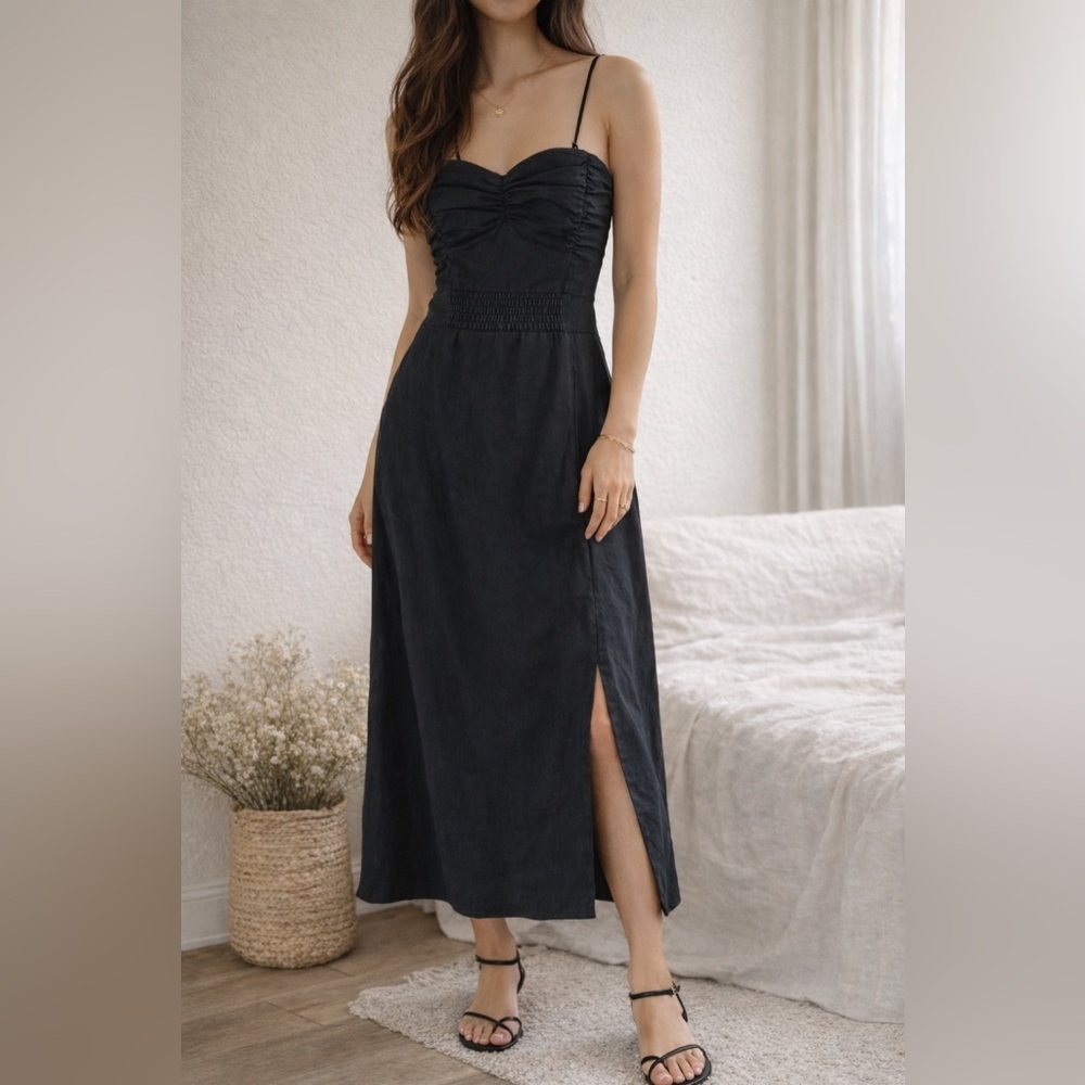 ZARA Black Midi Dress Ruched Bust Strappy Back Slit Size S